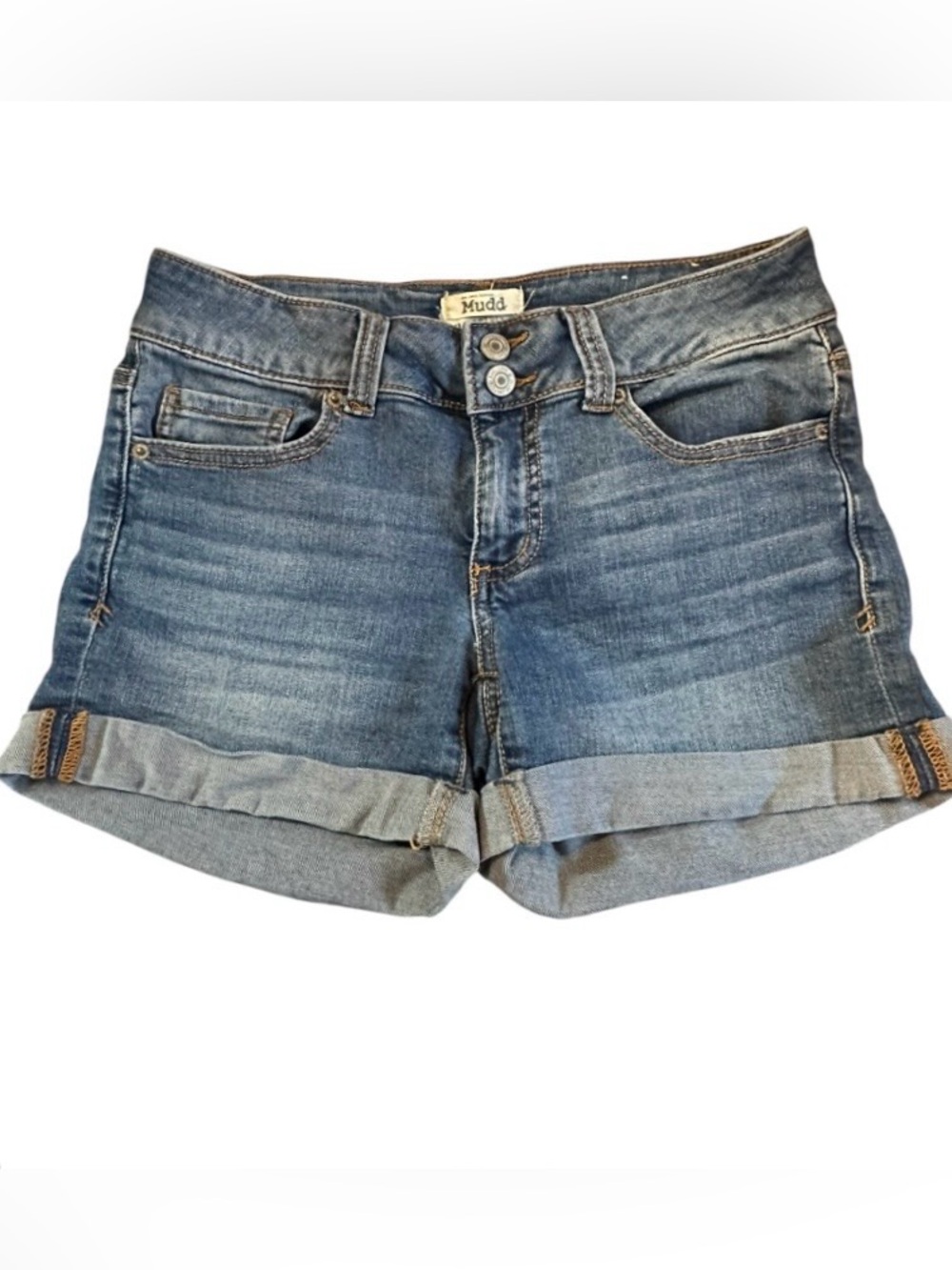 Mudd FLX Stretch Denim Shorts Size 5 Medium Wash Cuffed Y2K Embroidered Pockets